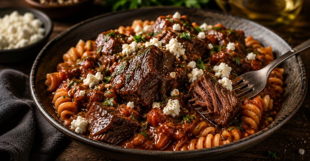 Greek style beef cheeks served with a sprinkle of rosemary and feta