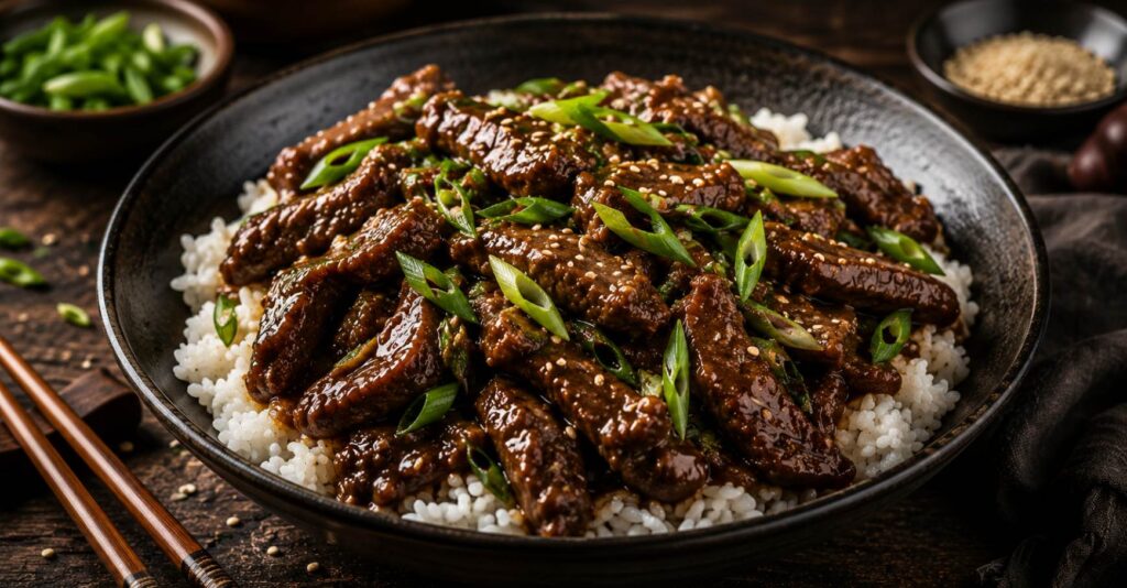 Mongolian beef stir fry sitting on a bed of steamed rice