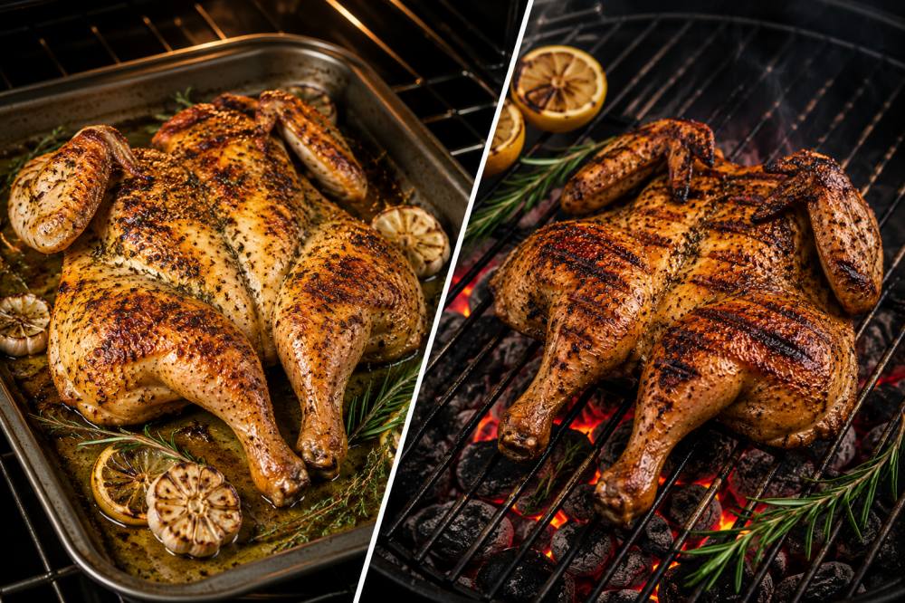 Butterflied chicken bbq and oven cooked
