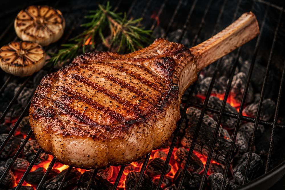 Pork Tomahawk cooked over charcoal