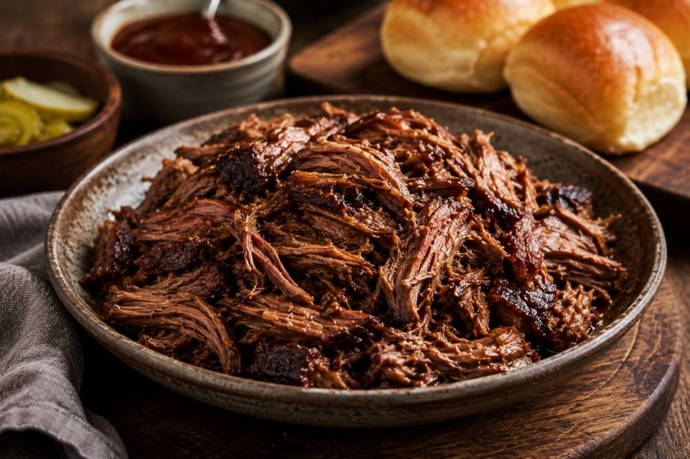 Slow cooked beef brisket pulled