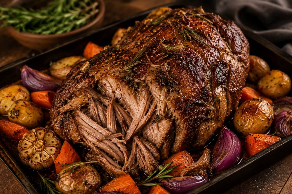 Roast lamb cooked low and slow