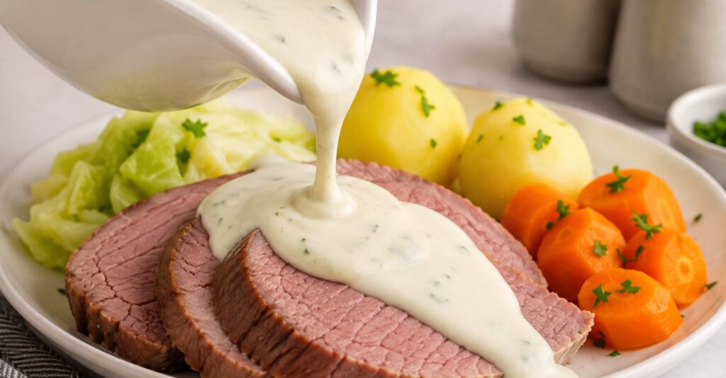 White sauce poured over silverside